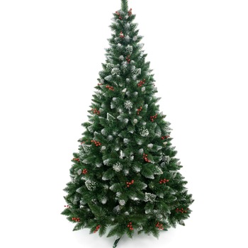 Brad de craciun artificial, pin cu conuri, boabe de laur si zapada artificiala, 180 cm, suport inclus Brad de craciun artificial, pin cu conuri, boabe de laur si zapada artificiala, 180 cm, suport inclus