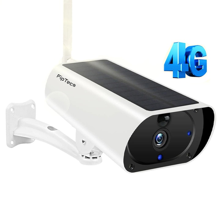 FipTec LS03 Pro Napelemes IP kamera 4G, Full HD 1080p, vízálló, éjszakai mód 20 méterig, mozgásérzékelő és telefonértesítés, kétirányú audio, fehér
