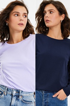 Trendyol, Set de bluze din jerseu cu decolteu la baza gatului - 2 piese, Bleumarin/Lila, XS Trendyol, Set de bluze din jerseu cu decolteu la baza gatului - 2 piese, Bleumarin/Lila, XS