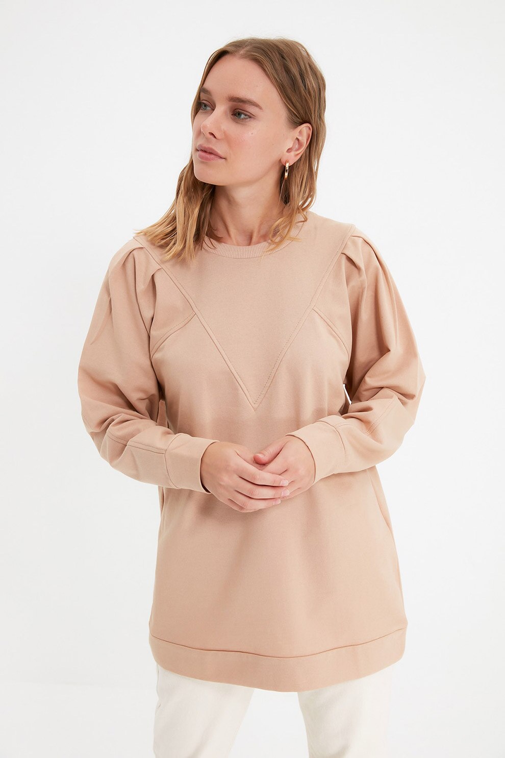 Trendyol, Bluza sport cu decolteu la baza gatului si fronseuri, Bej, M