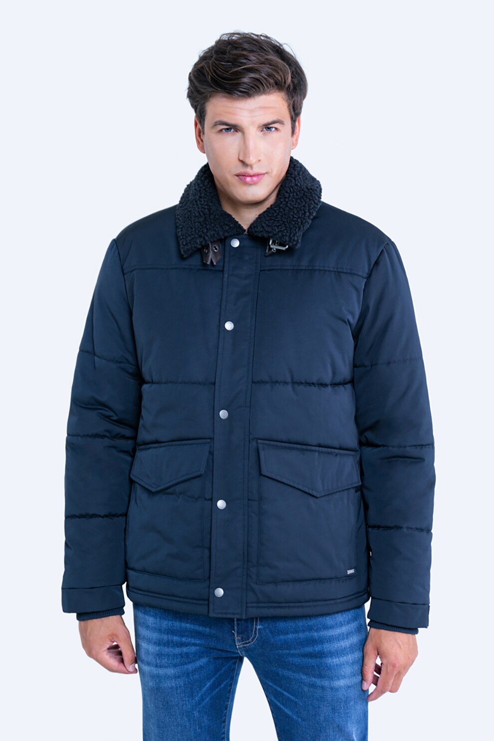 Big Star, Geaca cu guler din blana shearling sintetica Siegel, Bleumarin