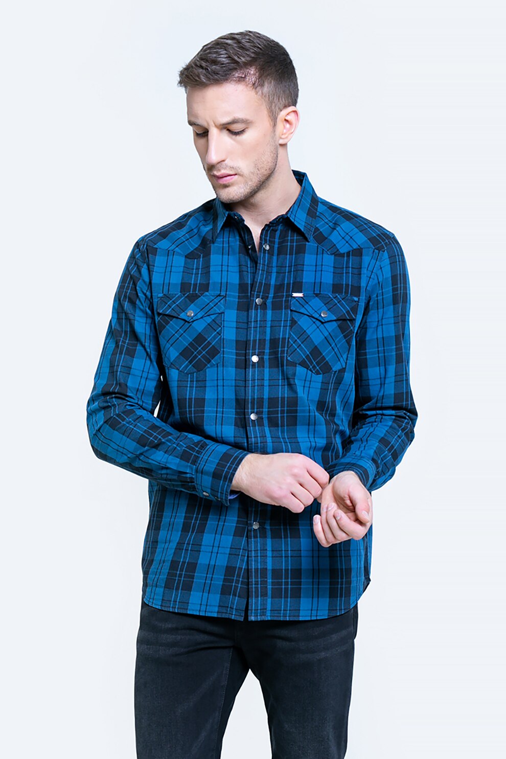 Big Star, Camasa din bumbac cu model in carouri si buzunare pe piept, Bleumarin