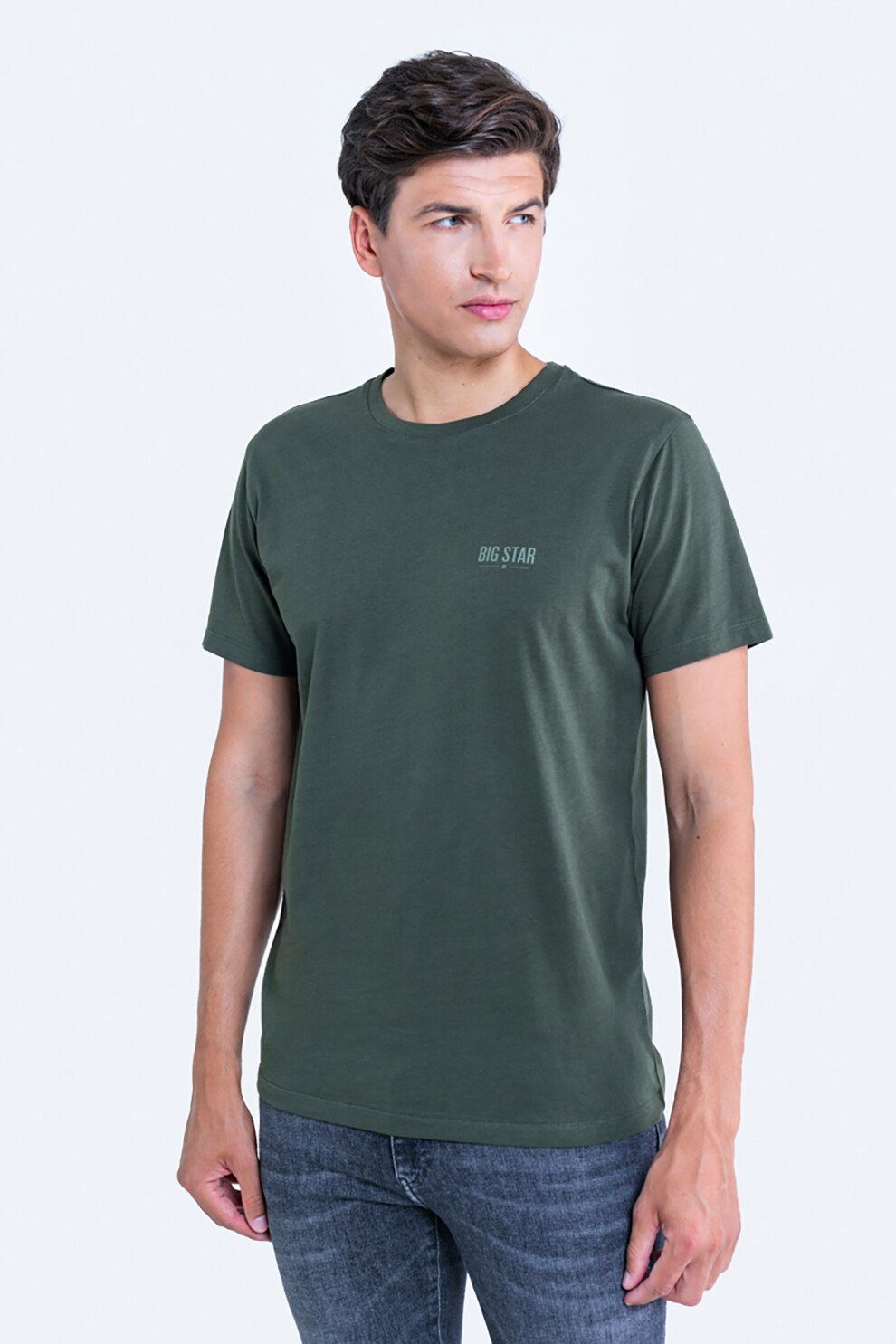 Big Star, Tricou din bumbac cu decolteu la baza gatului si detaliu logo, Verde