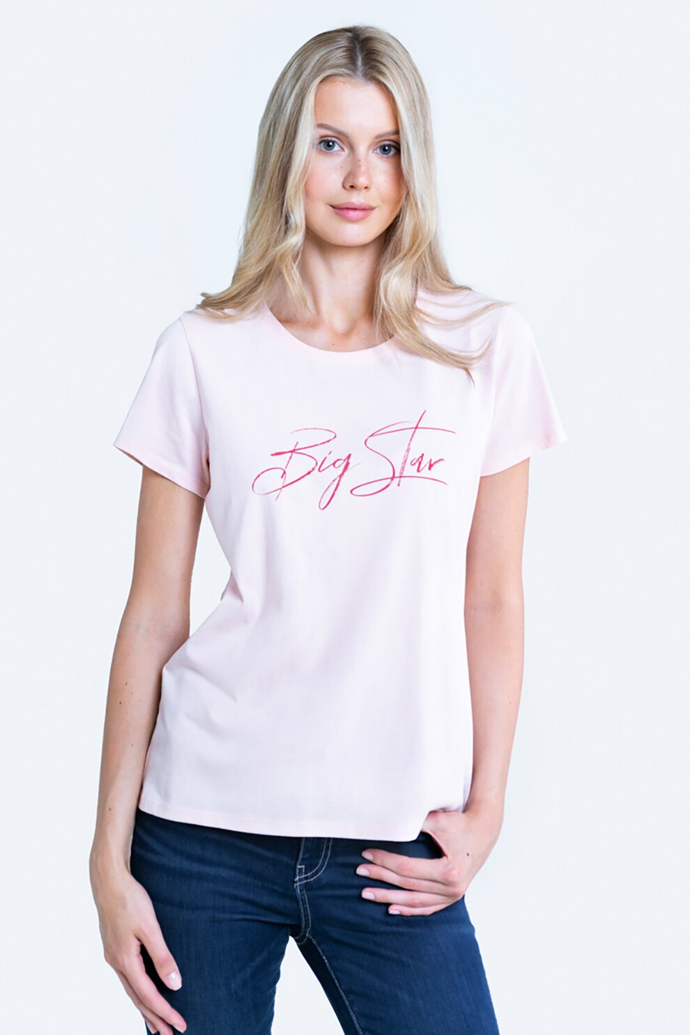 Big Star, Tricou din bumbac organic cu imprimeu logo, Alb/roz