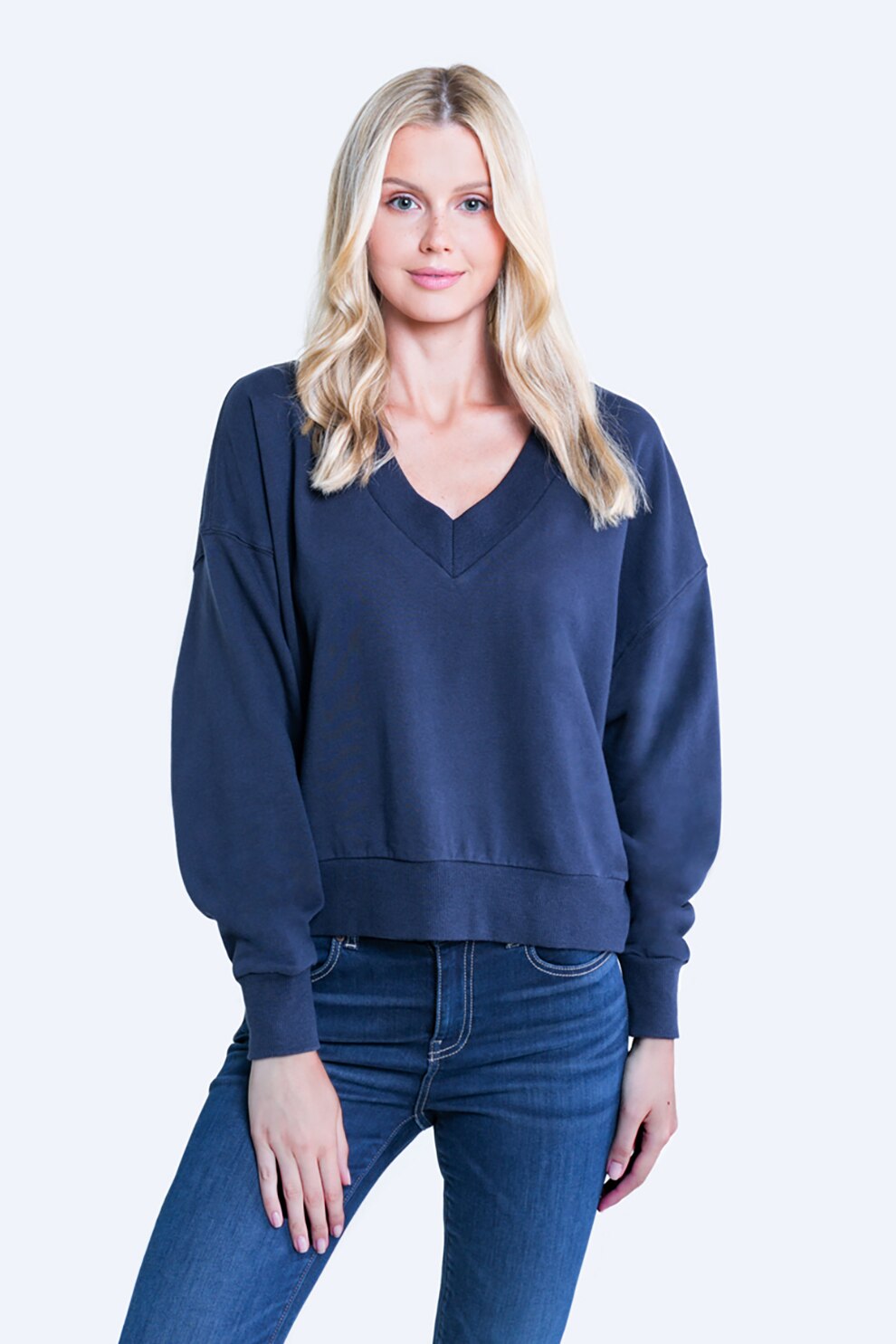 Big Star, Bluza sport cu decolteu in V si maneci cazute, Bleumarin