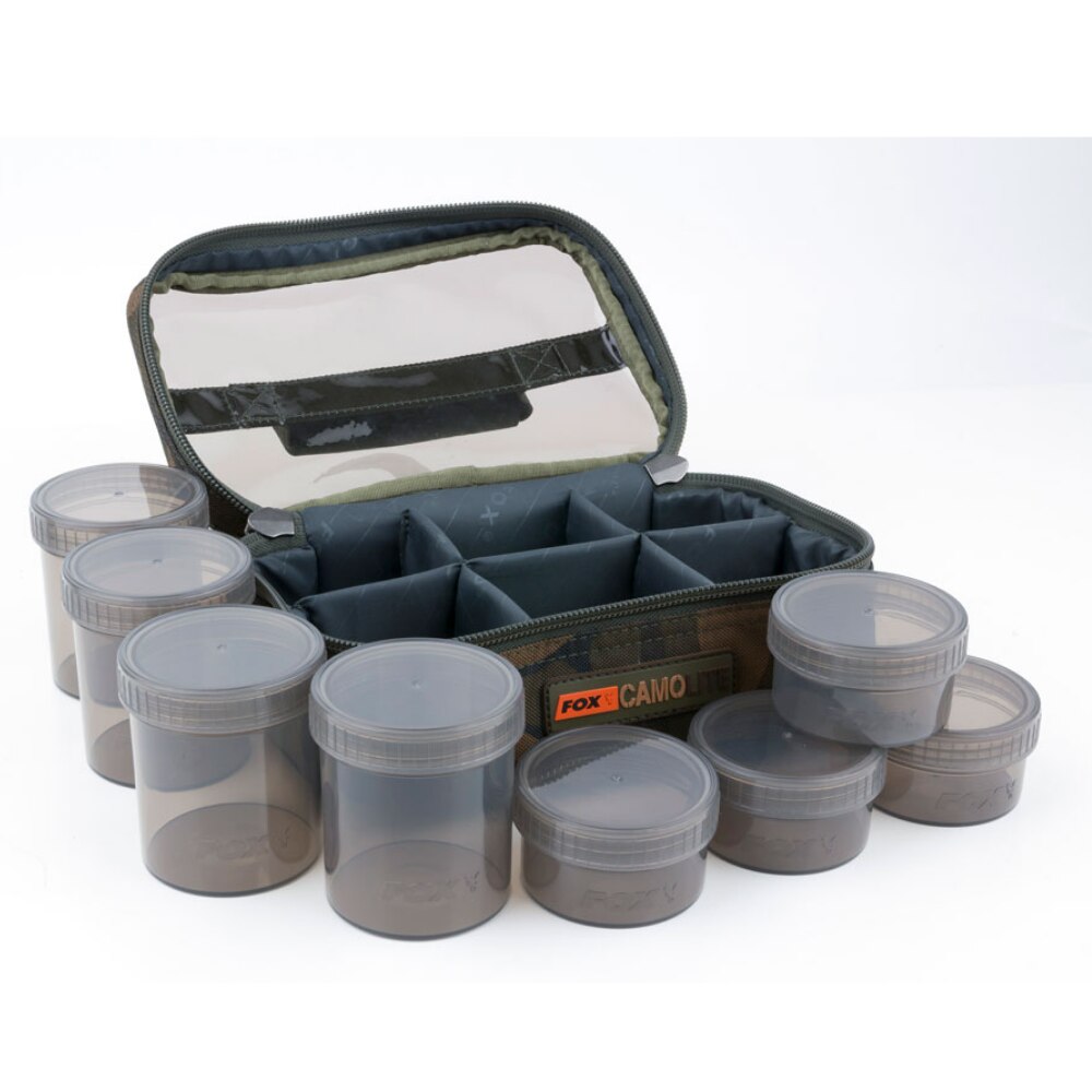 Set organizator pescuit si 8 ghivece FOX, Poliester, Fermoare duble