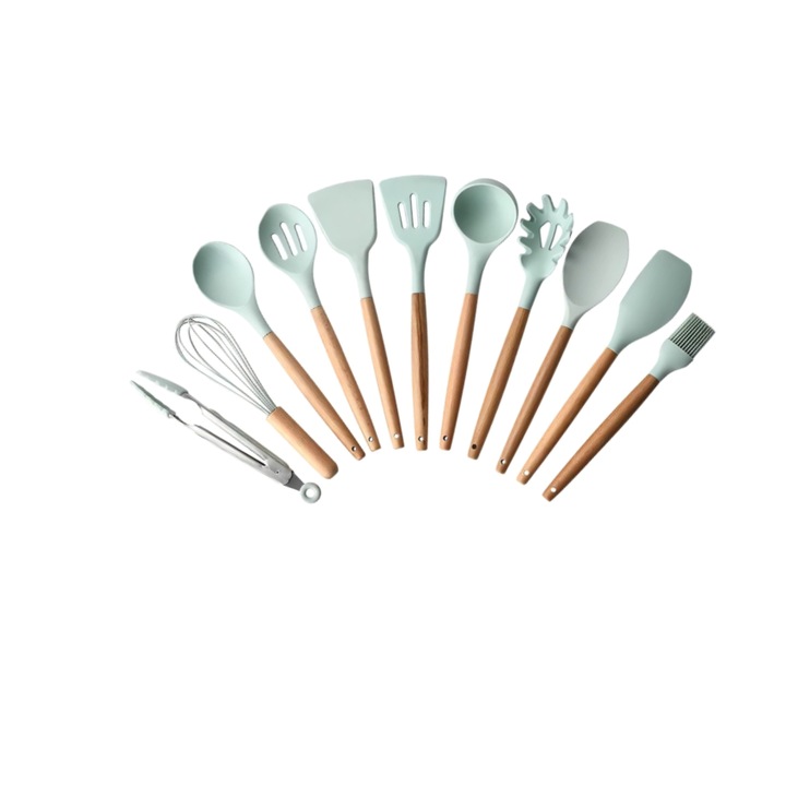 Set 11 ustensile de bucatarie, Antiaderente, Silicon, Maner din lemn verde teleMAG