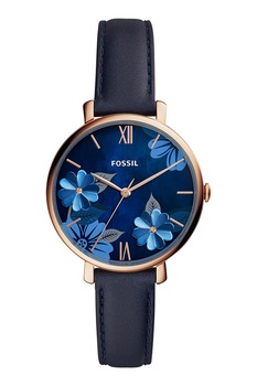 Fossil, Ceas cu o curea din piele si decorat cu cristale pe cadran, Albastru Fossil, Ceas cu o curea din piele si decorat cu cristale pe cadran, Albastru