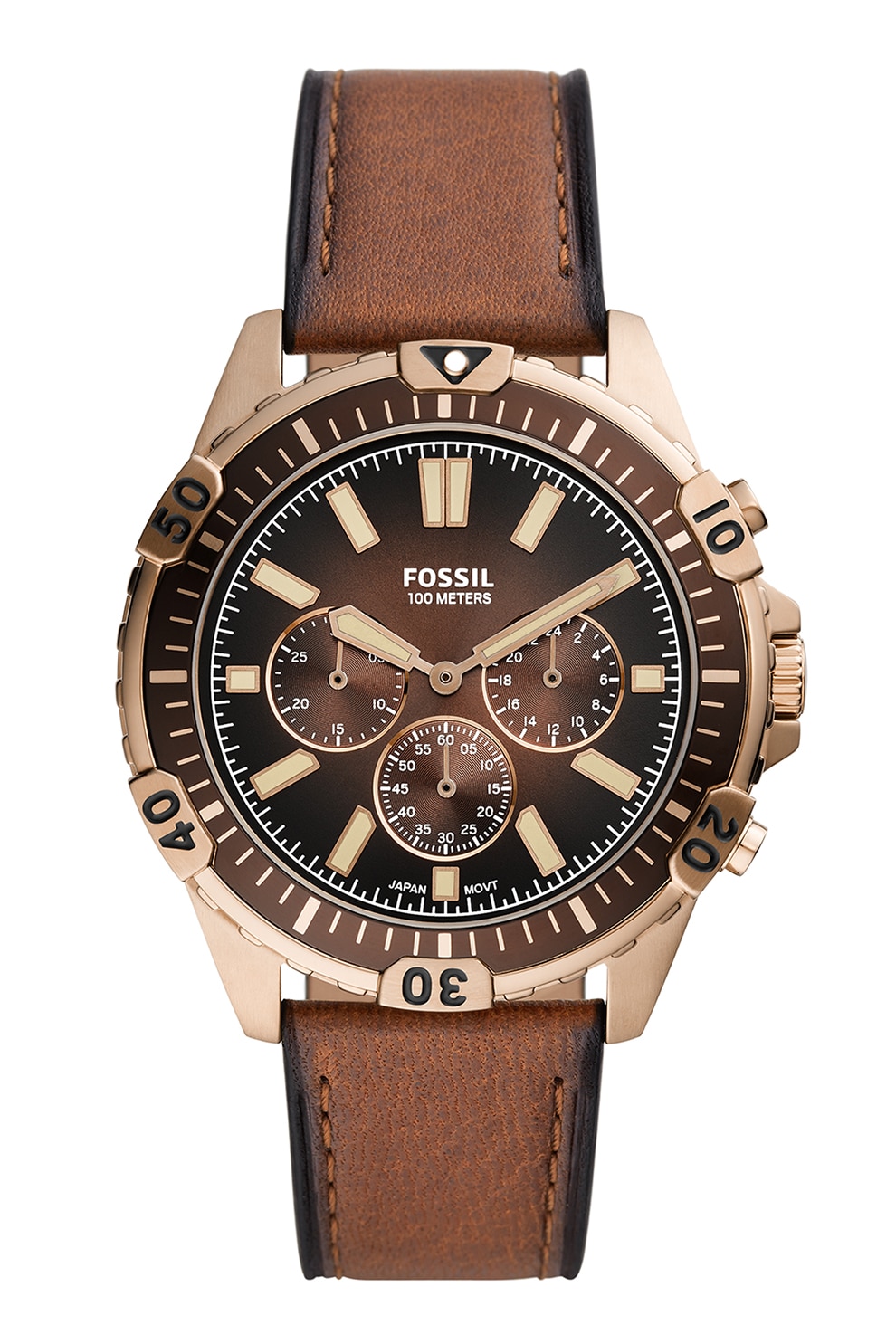 Fossil, Ceas analog cronograf cu o curea din piele, Maro