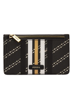 Fossil, Portofel din piele ecologica cu fermoar Logan, Negru/Alb Fossil, Portofel din piele ecologica cu fermoar Logan, Negru/Alb
