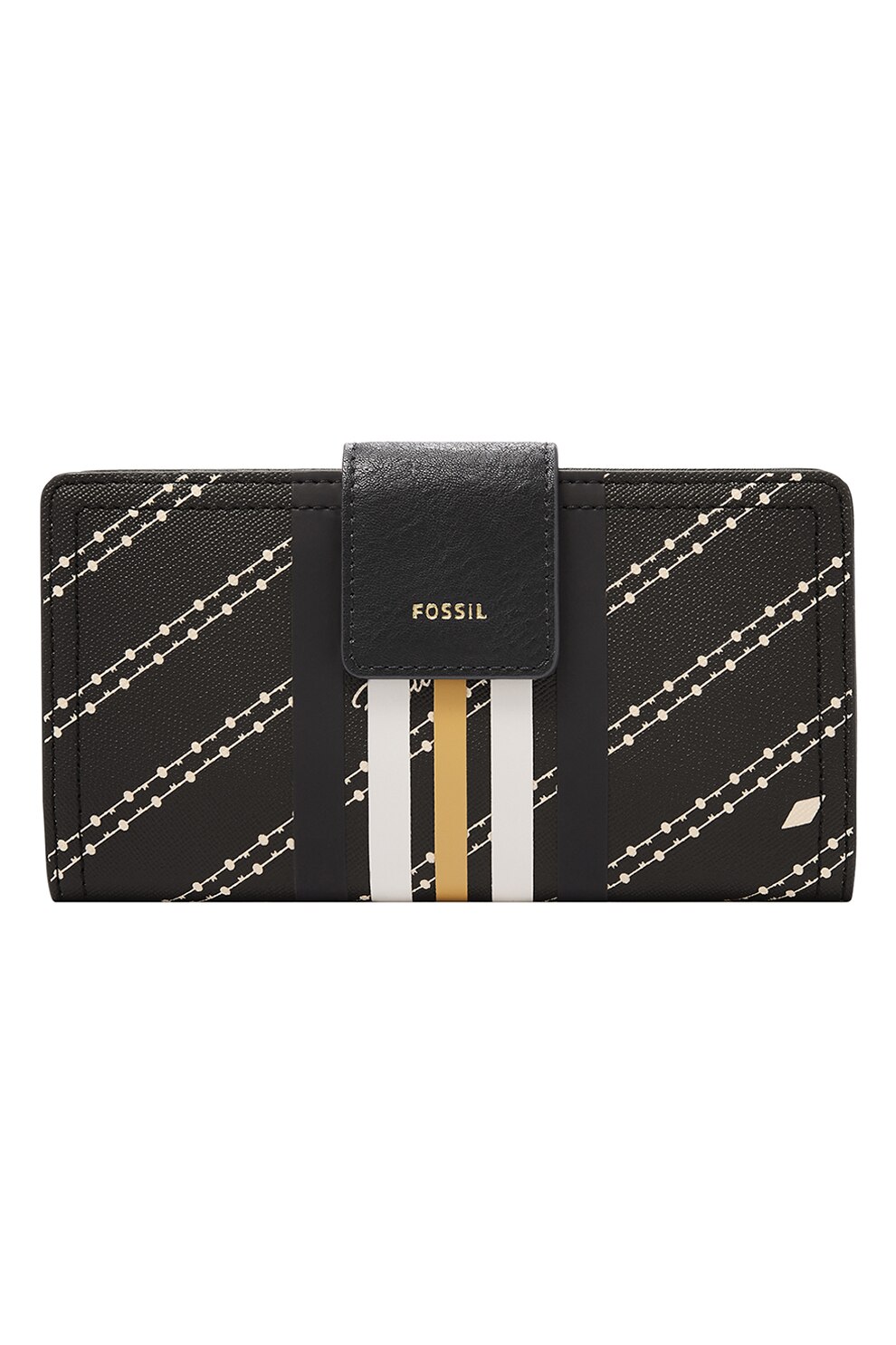Fossil, Portofel de piele ecologica cu detalii contrastante, Negru/Alb