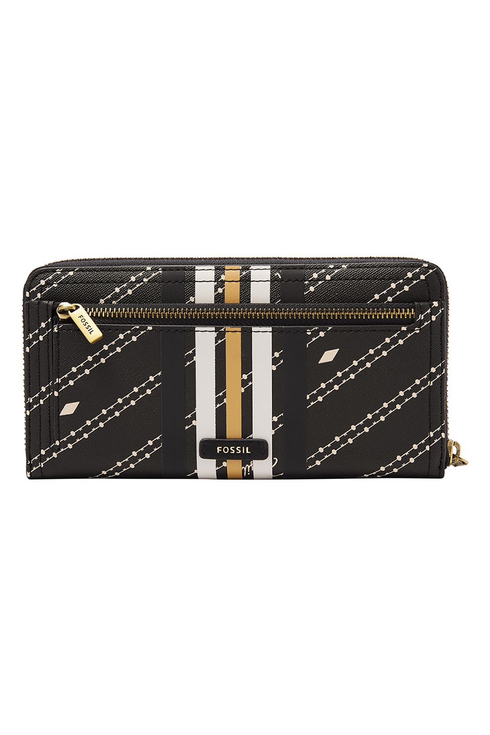 Fossil, Portofel de piele ecologica cu model in dungi Logan, Negru/Alb