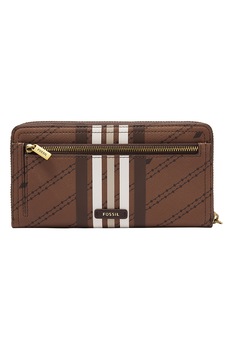 Fossil, Portofel de piele ecologica cu model in dungi Logan, Maro/Alb Fossil, Portofel de piele ecologica cu model in dungi Logan, Maro/Alb