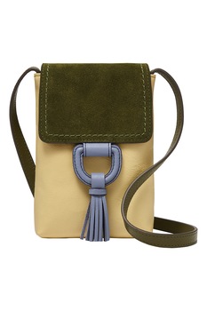 Fossil, Geanta crossbody de piele ecologica cu garnitura de piele intoarsa Bobbie, Galben pal/Kaki Fossil, Geanta crossbody de piele ecologica cu garnitura de piele intoarsa Bobbie, Galben pal/Kaki