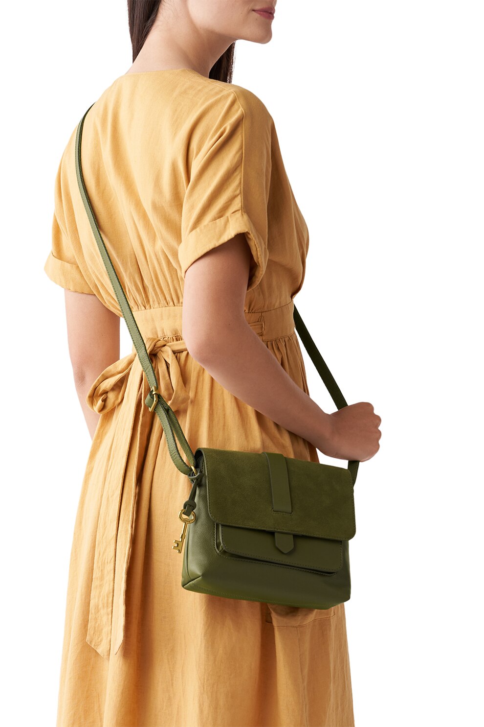 Fossil, Geanta crossbody din piele cu garnituri din piele intoarsa Kinley, Verde militar