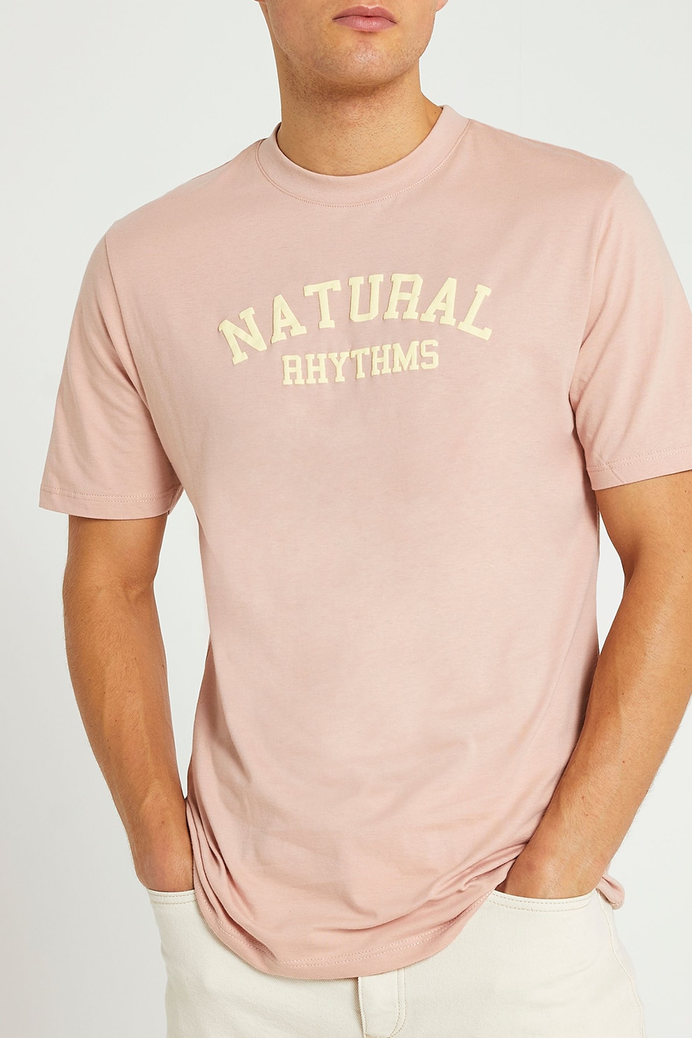 River Island, Tricou din bumbac cu imprimeu text, Roz