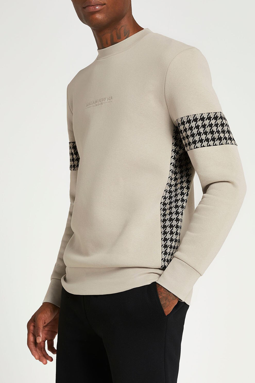 River Island, Bluza sport slim fit cu imprimeu houndstooth, Gri deschis