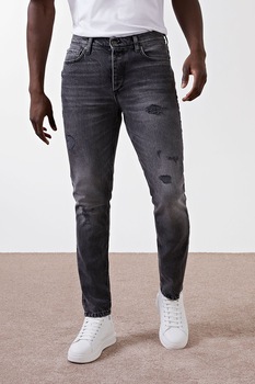 River Island, Blugi slim fit cu aspect deteriorat, Gri inchis River Island, Blugi slim fit cu aspect deteriorat, Gri inchis