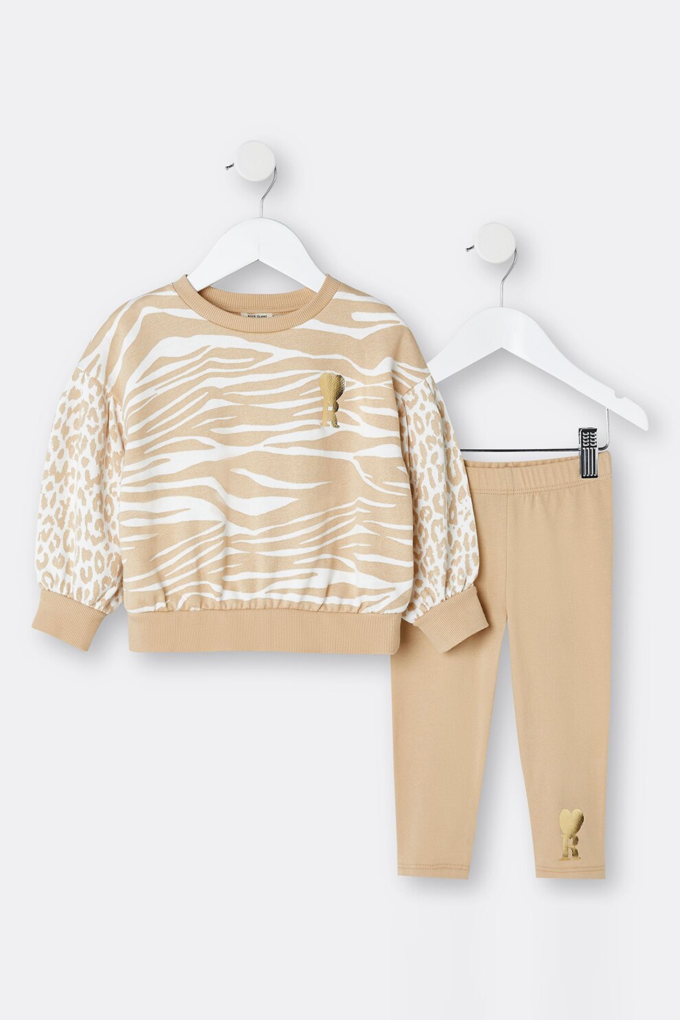 River Island, Set de bluza sport cu decolteu la baza gatului si colanti - 2 piese, Bej