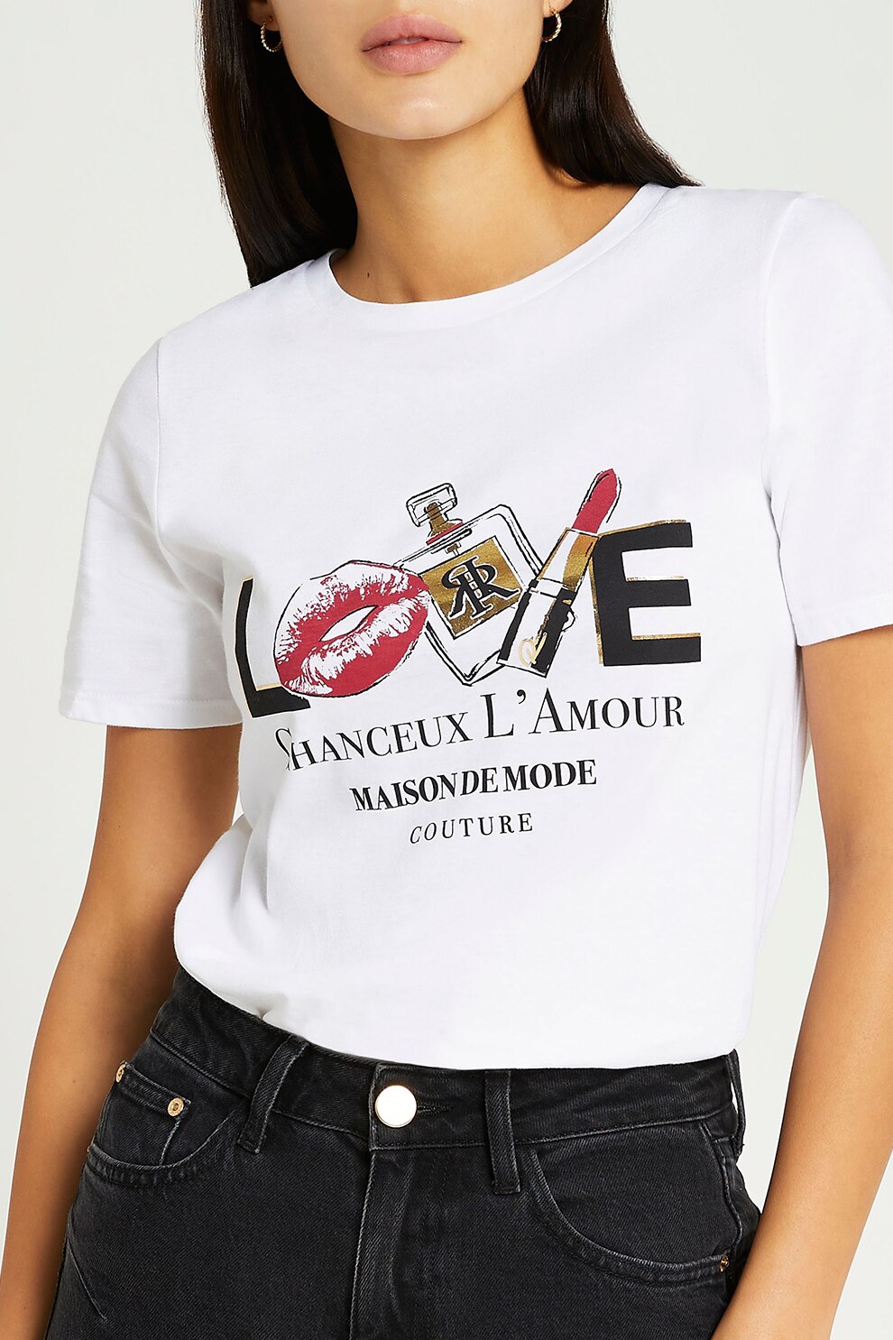 River Island, Tricou cu decolteu la baza gatului, imprimeu grafic si text, Alb/Negru