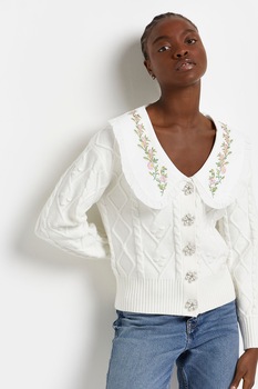 River Island, Cardigan cu model torsade si guler supradimensionat, Alb River Island, Cardigan cu model torsade si guler supradimensionat, Alb
