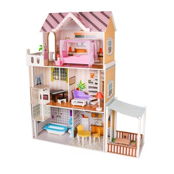 Casuta de papusi mare din lemn, iluminata LED, si terasa cu 17 piese 120x103x30 Casuta de papusi mare din lemn, iluminata LED, si terasa cu 17 piese 120x103x30