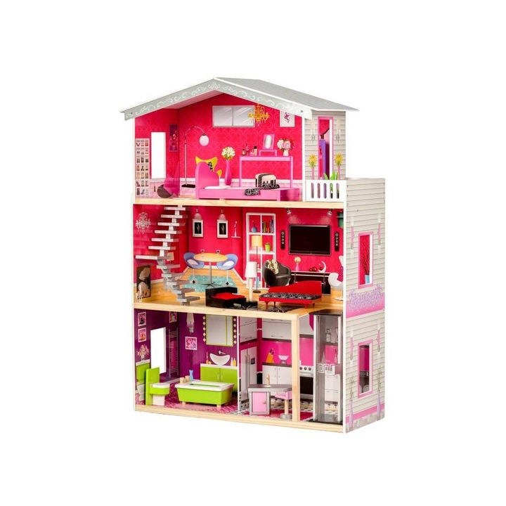 Детска къща за игра Bigshot, Malibu Residence, BS4118MC, 3 нива, 4 стаи, Баня, Кухня, Асансьор, Тераса, Мебели, Кукла, 114 x 87 x 32 см, Многоцветен
