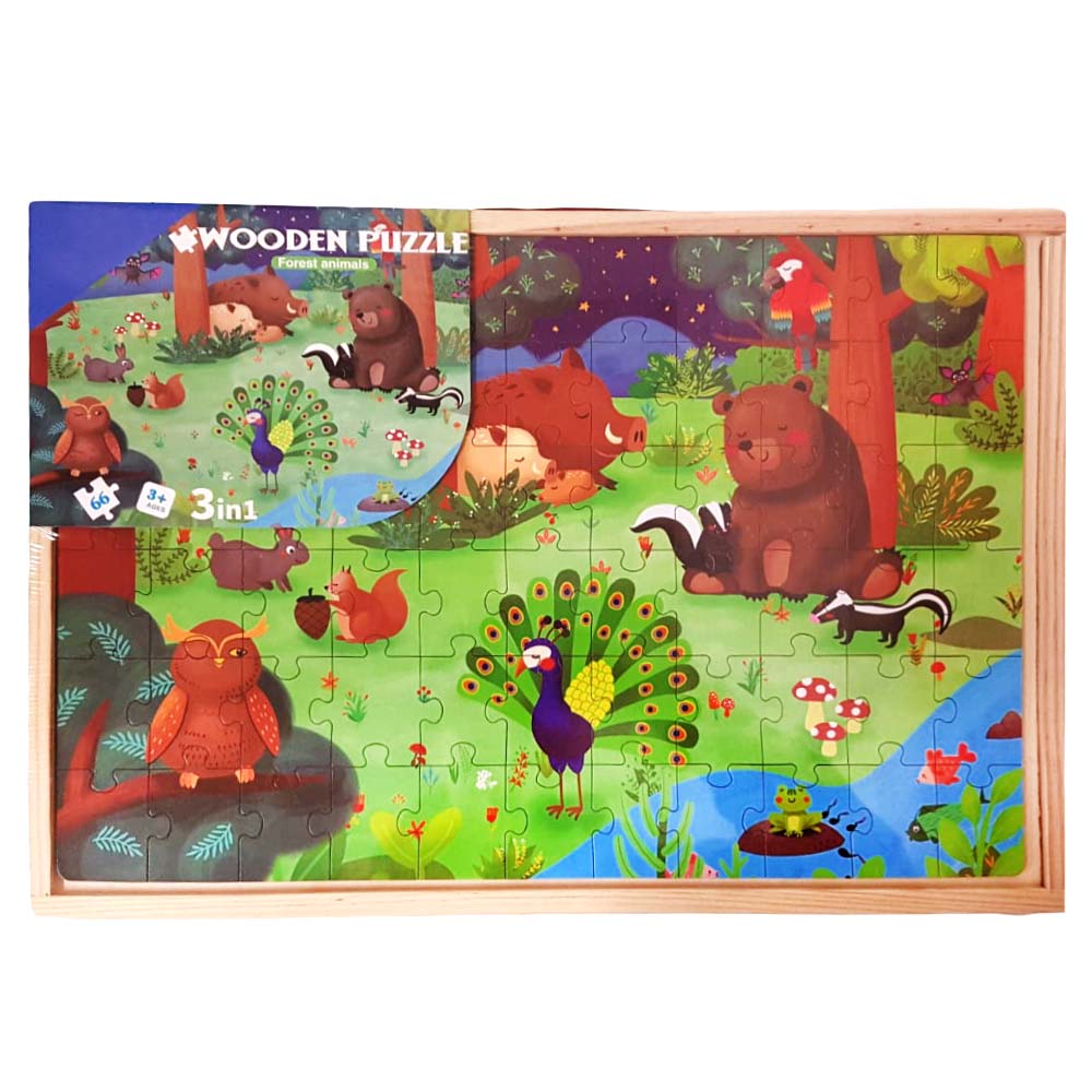 Puzzle 3 in 1 cu tematica, din lemn, in cutie – Animale ale padurii, 198 piese, WD9009A RCO®