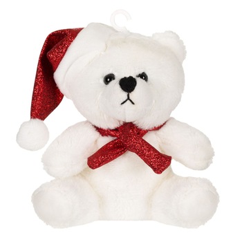 Jucarie de plus, Urs alb, cu palarie si esarfa rosie cu sclipici, 13cm Jucarie de plus, Urs alb, cu palarie si esarfa rosie cu sclipici, 13cm