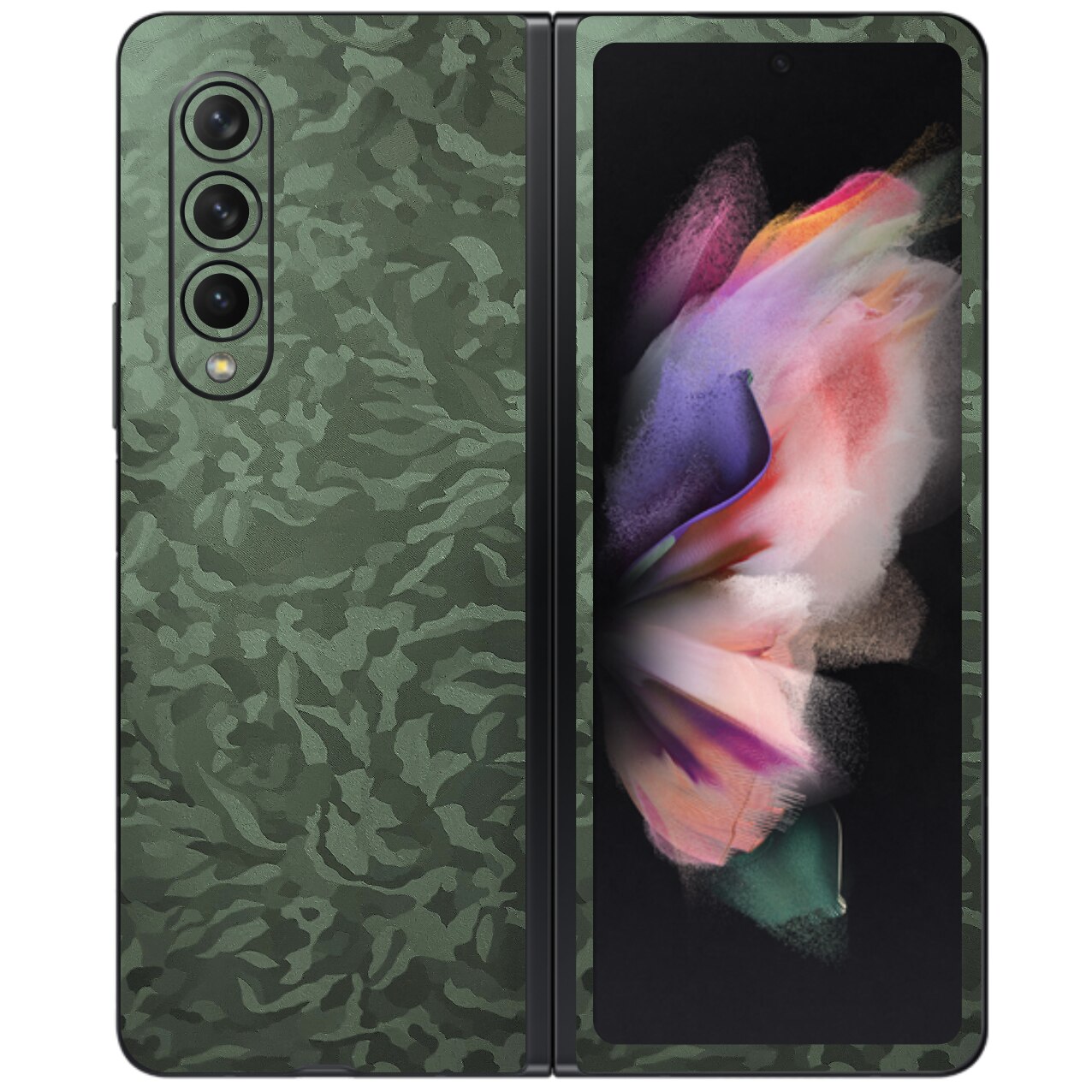 Folie Protectie Carbon Skinz pentru Samsung Galaxy Z Fold3 5G - Camo Verde Military Green Shadow Simple Cut, Skin Adeziv Full Body Cover pentru Rama Ecran, Carcasa Spate