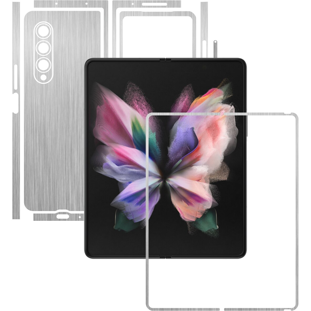 Folie Protectie Carbon Skinz pentru Samsung Galaxy Z Fold3 5G - Brushed Argintiu Split Cut, Skin Adeziv Full Body Cover pentru Rama Ecran, Carcasa Spate si Laterale