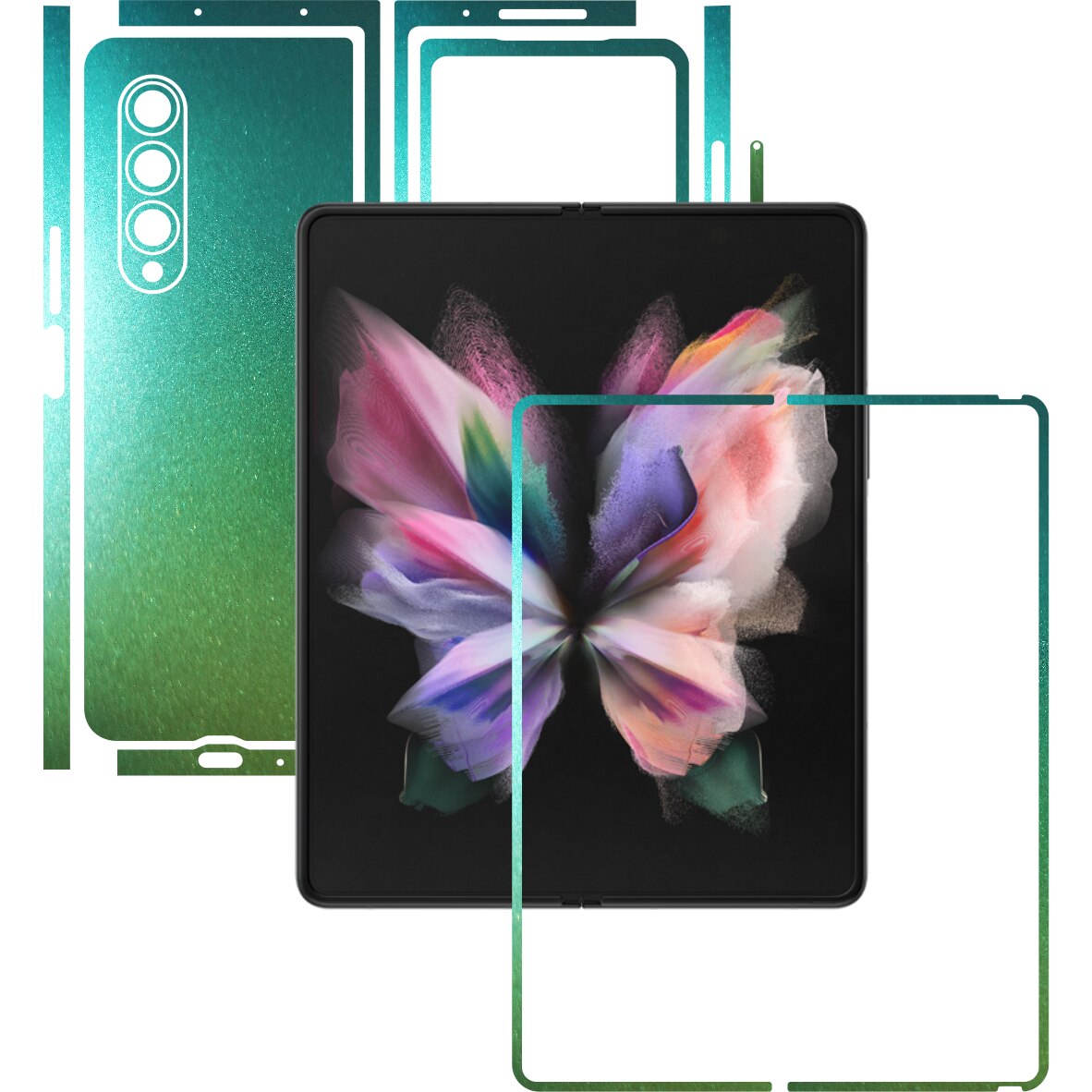 Folie Protectie Carbon Skinz pentru Samsung Galaxy Z Fold3 5G - Color Shift Aquamarine Split Cut, Skin Adeziv Full Body Cover pentru Rama Ecran, Carcasa Spate si Laterale