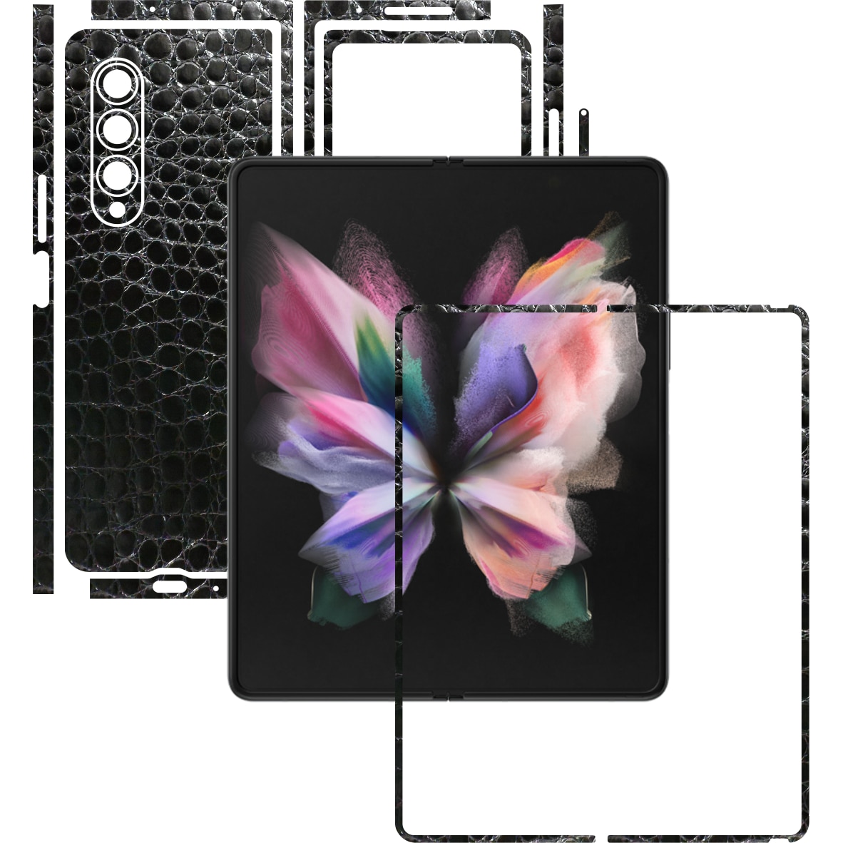 Folie Protectie Carbon Skinz pentru Samsung Galaxy Z Fold3 5G - Piele neagra crocodil Split Cut, Skin Adeziv Full Body Cover pentru Rama Ecran, Carcasa Spate si Laterale