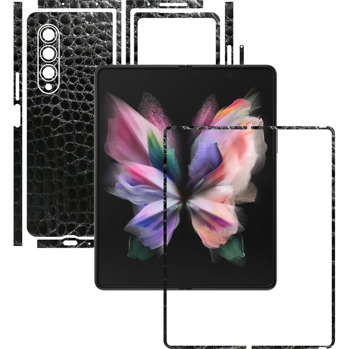 Skinz Carbon védőfólia Samsung Galaxy Z Fold3 5G készülékhez – osztott vágott fekete krokodilbőr, teljes testet fedő tapadós bőr képernyőkerethez, hát- és oldalborítókhoz
