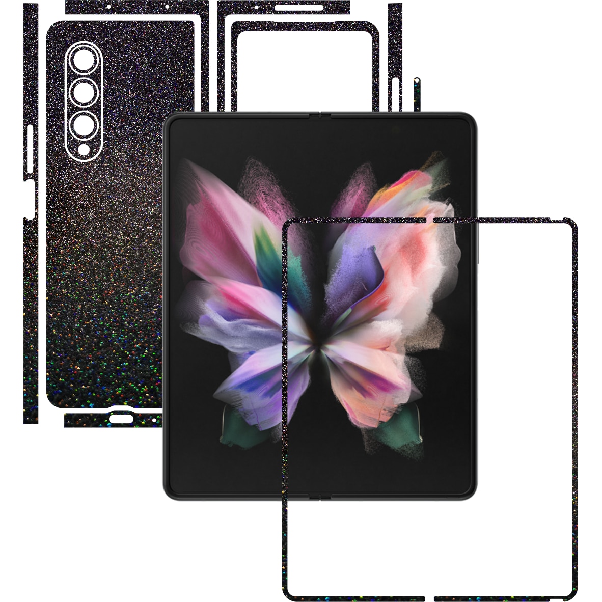 Folie Protectie Carbon Skinz pentru Samsung Galaxy Z Fold3 5G - Black Galactic Gold Split Cut, Skin Adeziv Full Body Cover pentru Rama Ecran, Carcasa Spate si Laterale