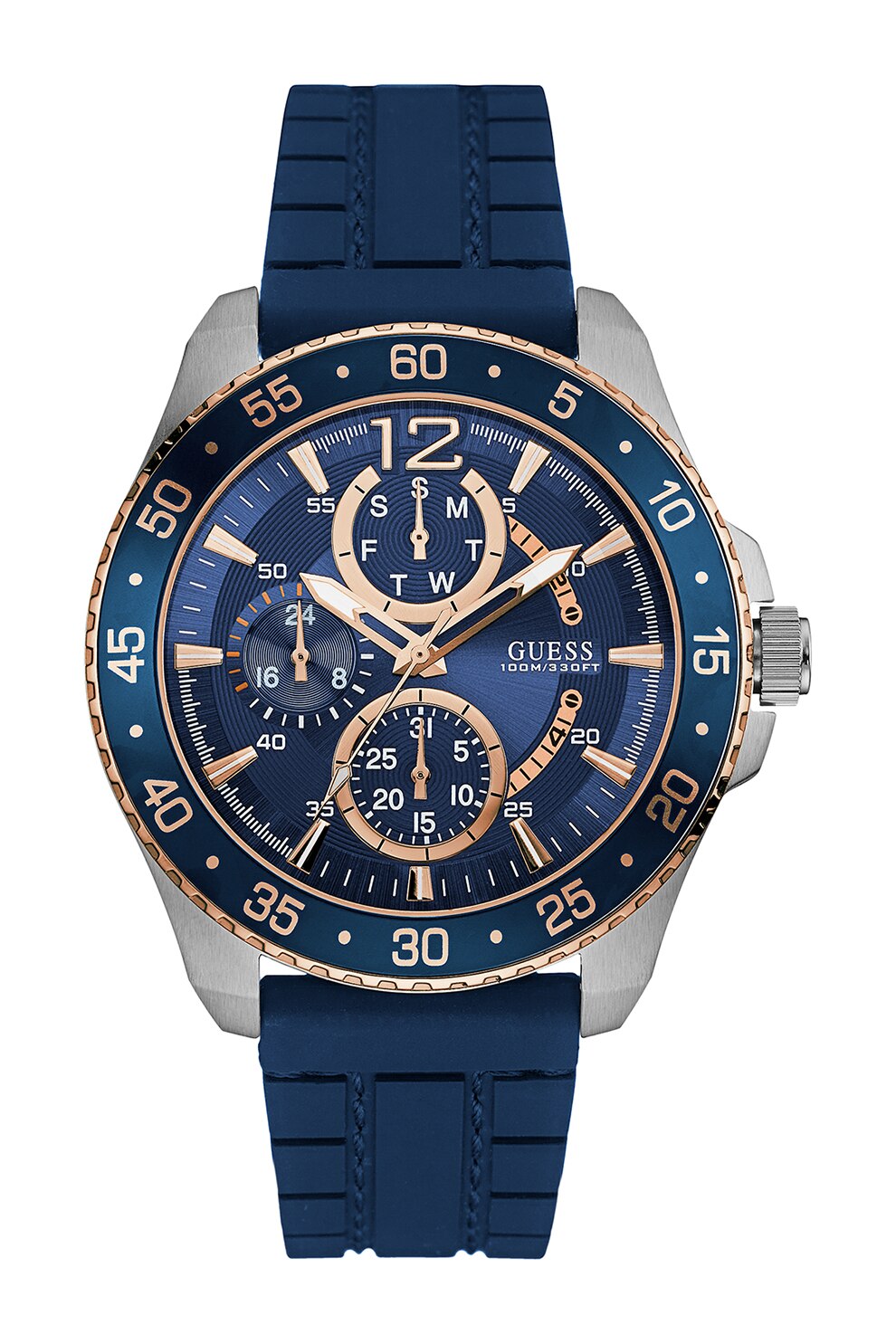 Guess, Ceas quartz cu o curea de silicon, Bleumarin inchis/Argintiu