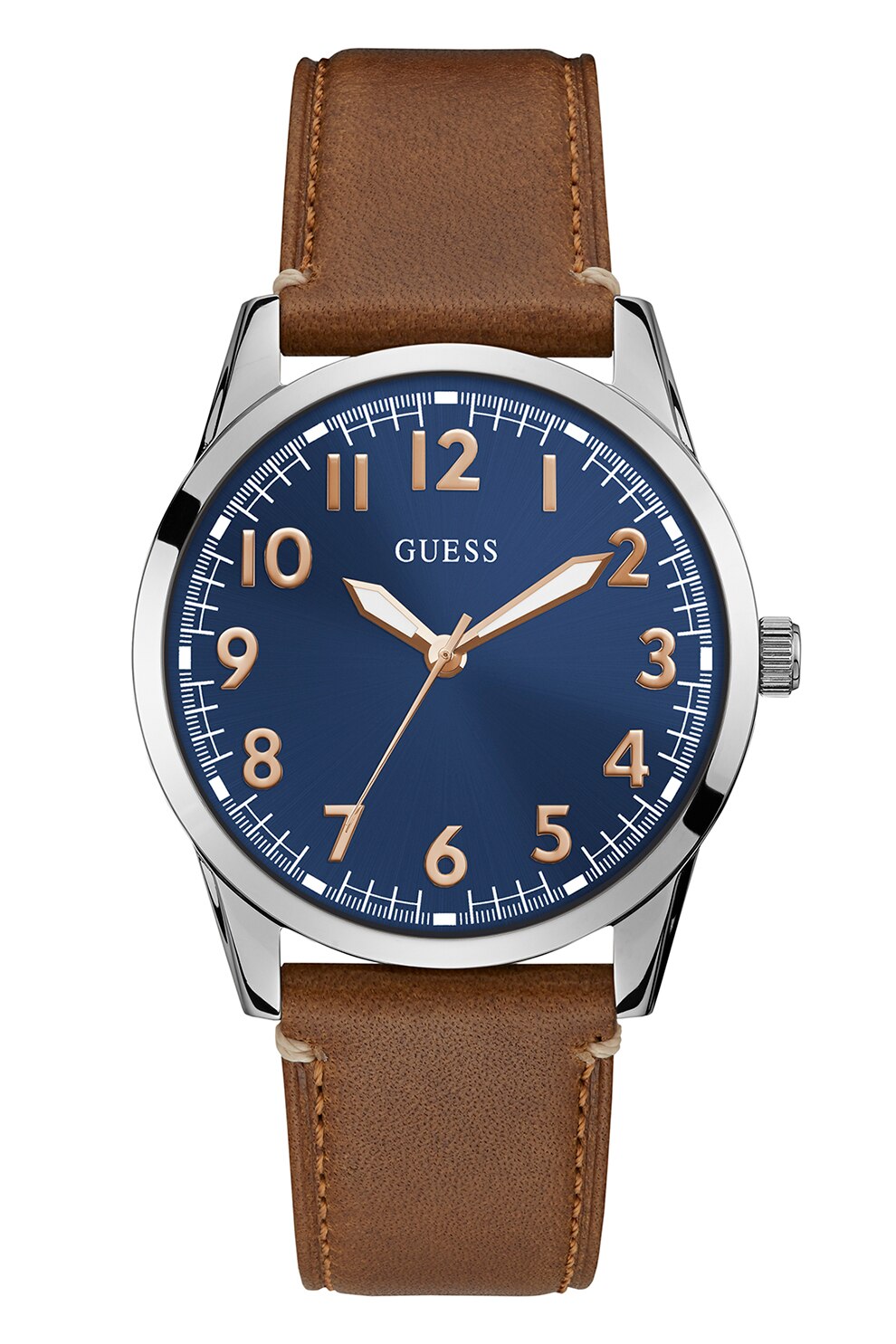 Guess, Ceas cu o curea de piele, Maro camel/Argintiu/Bleumarin