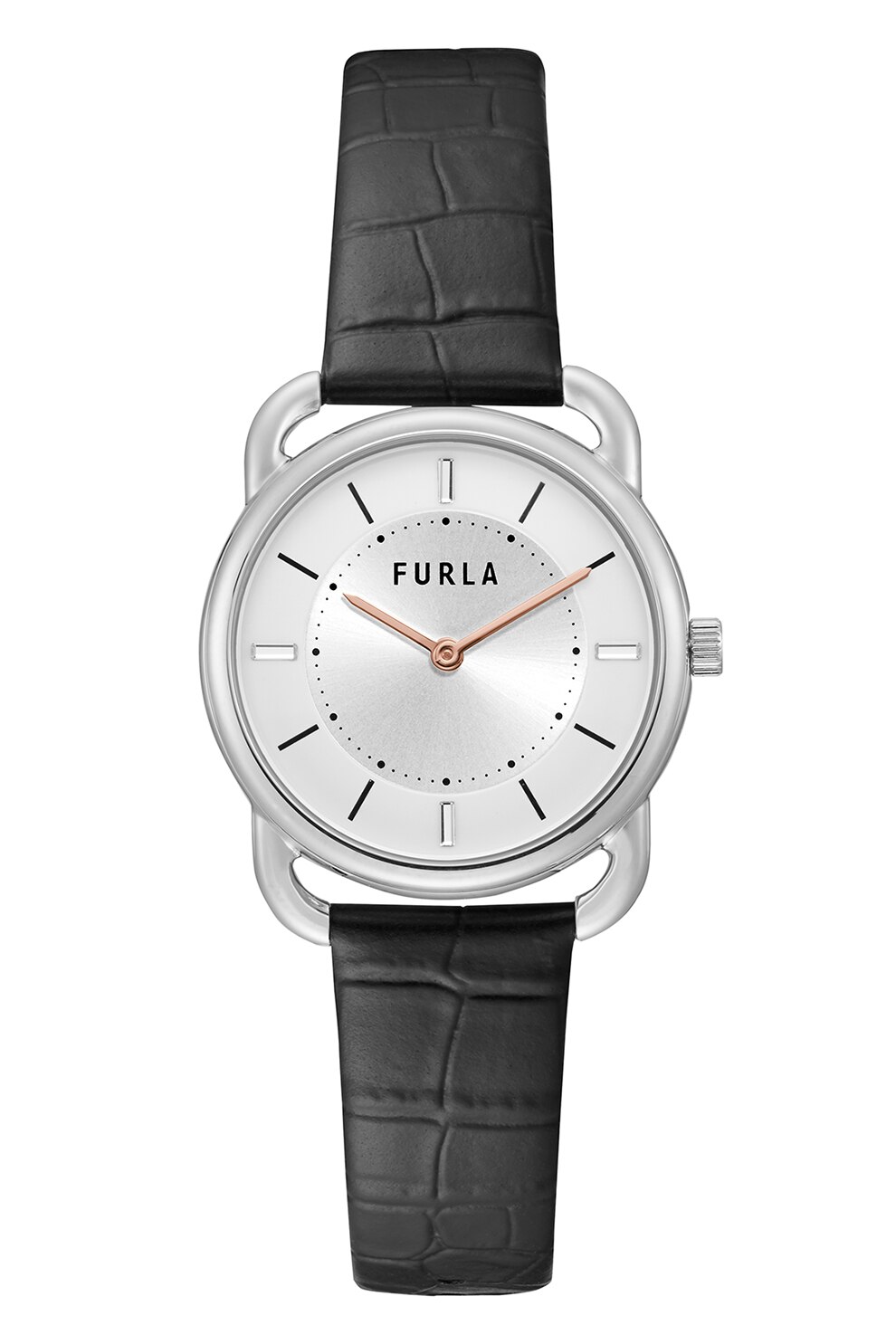 Furla, Ceas analog rotund cu o curea cu model piele de crocodil, Negru/Argintiu