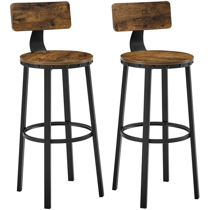 Set 2 scaune de bar, Nancy Homestore, 37 x 46.5 x 99 cm, Otel/Lemn, Maro/Negru