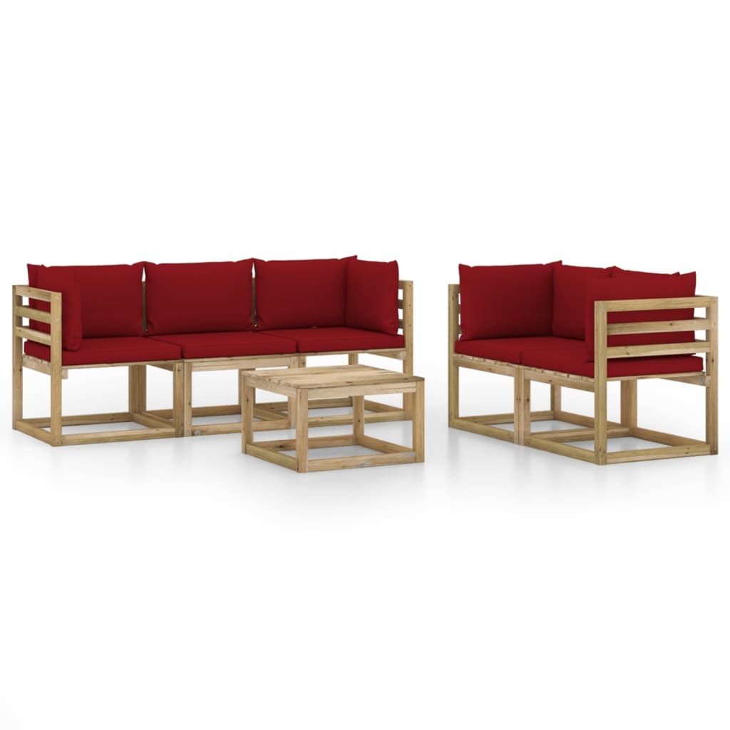 Set mobilier de gradina cu perne rosu vin, 6 piese