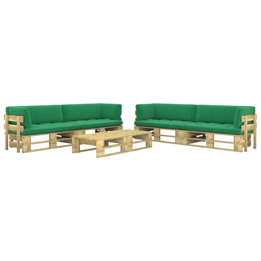 Set mobilier de gradina din paleti cu 6 piese cu perne vidaXL, Lemn, 110 x 66 x 55 cm, perna 10 cm, Verde/Verde inchis