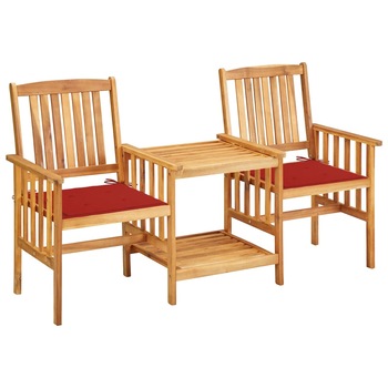 Set de 2 scaune de gradina cu masa de ceai si perne vidaXL, Lemn de acacia, 159 x 61 x 92 cm, perna 4 cm, Maro/Rosu