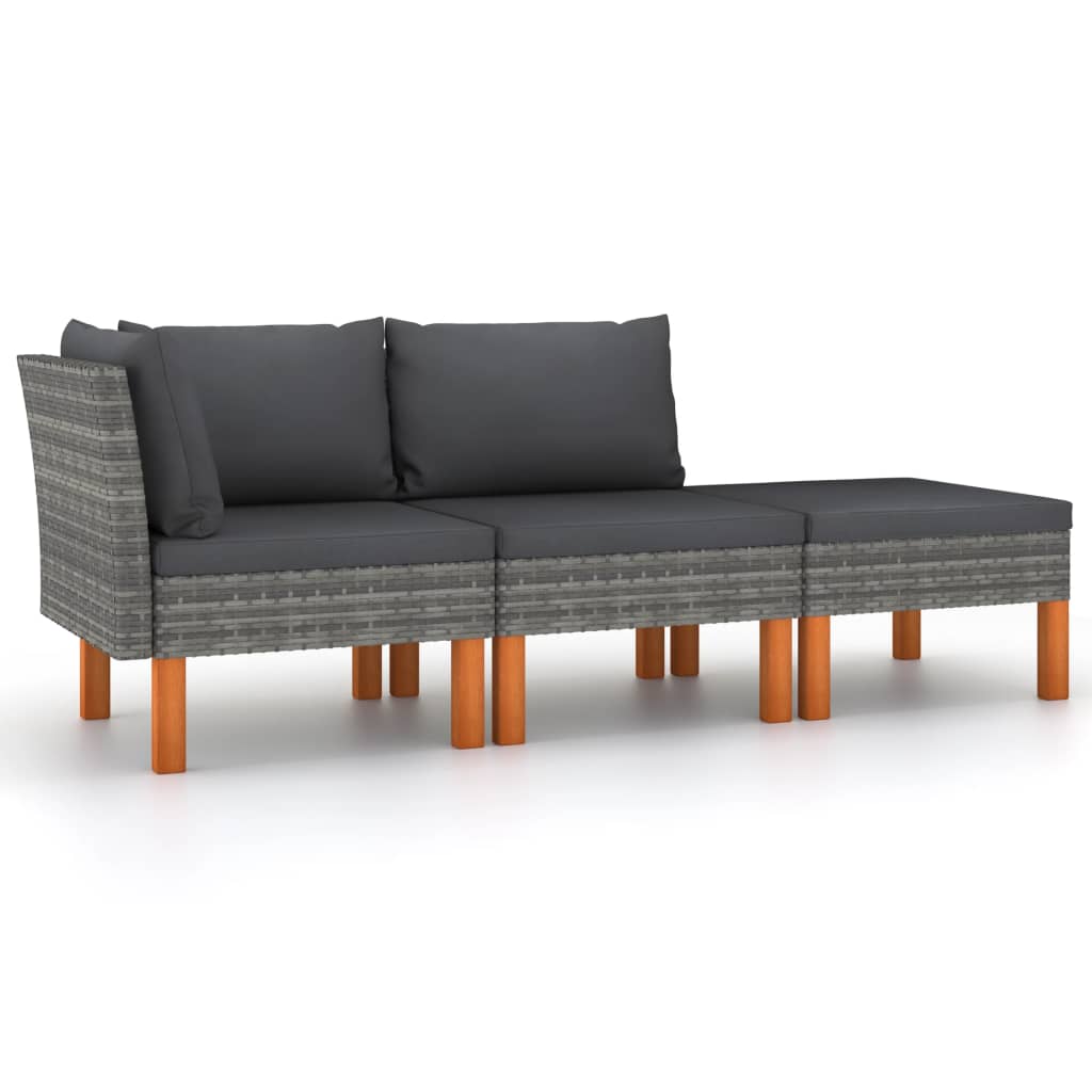 Set de 2 canapele si 1 taburet de gradina cu perne vidaXL, Poliratan, 64.5 x 64.5 x 67 cm, Gri/Antracit