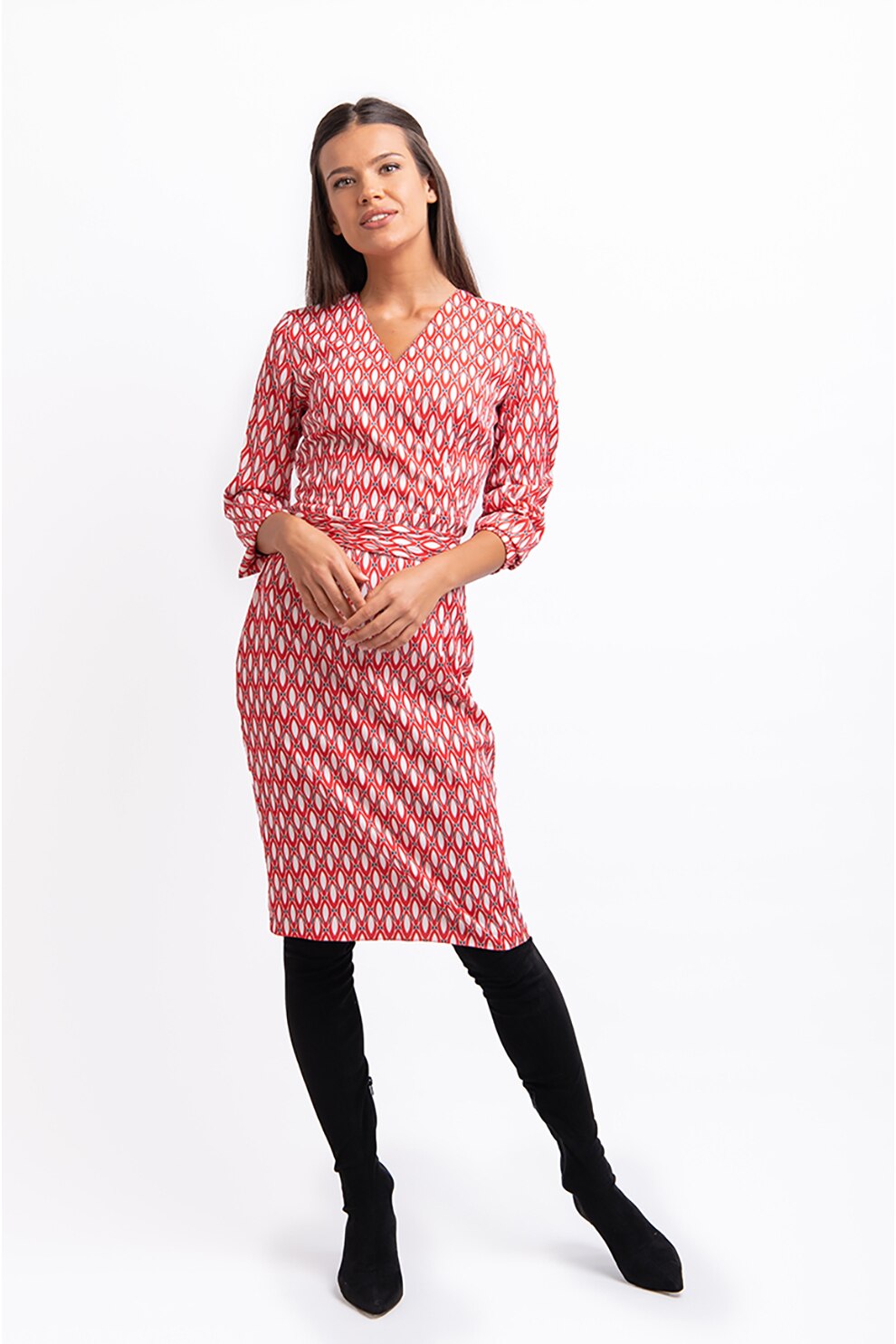 Couture de Marie, Rochie cu decolteu in V si model geometric Sam, Rosu/Alb optic