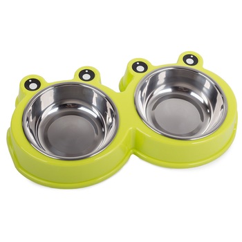 Vas dublu cu suport, Zola®, pentru hranire animale, boluri din otel inoxidabil de detasabil, broscuta, 0.3l x 2, verde Vas dublu cu suport, Zola®, pentru hranire animale, boluri din otel inoxidabil de detasabil, broscuta, 0.3l x 2, verde