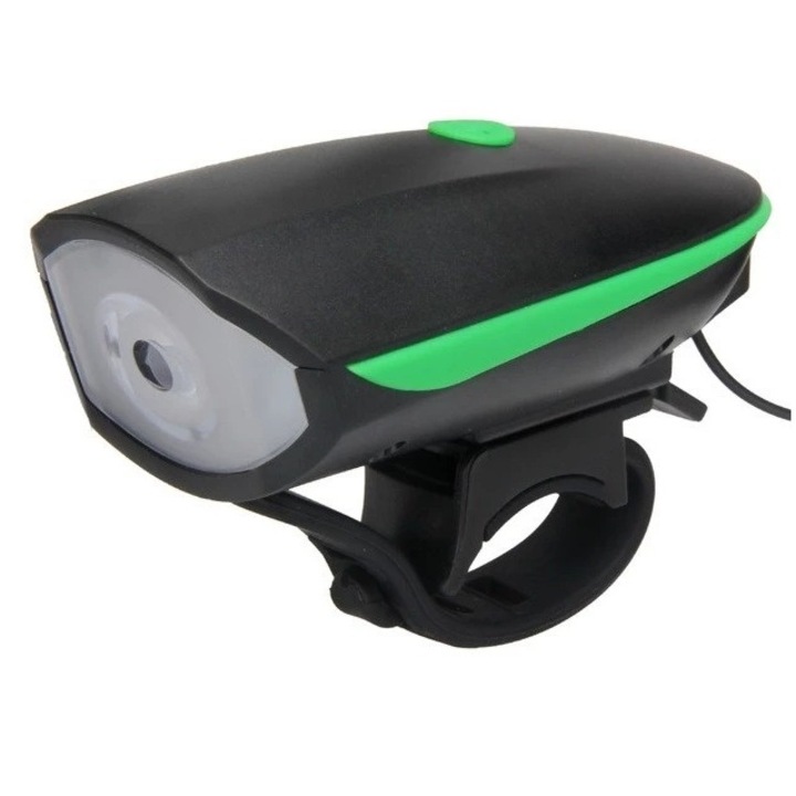Far bicicleta cu sonerie INK 7588V, acumulator incorporat 1200mAh, incarcare Micro USB, tehnologie LED 250LM CREE XPG, claxon 140 db, Negru/Verde