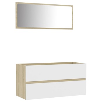 Set mobilier baie dulap cu sertare si oglinda, vidaXL, PAL-acril, 90 x 38,5 x 46 cm, Alb/Maro Stejar Sonoma Set mobilier baie dulap cu sertare si oglinda, vidaXL, PAL-acril, 90 x 38,5 x 46 cm, Alb/Maro Stejar Sonoma
