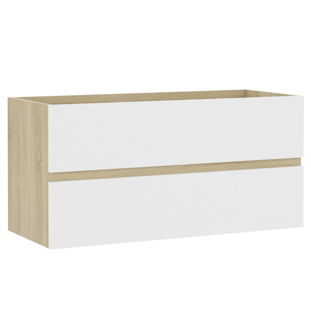 Dulap de chiuveta baie cu 2 sertare, vidaXL, PAL, 90 x 38,5 x 45 cm, Alb/Maro Stejar Sonoma