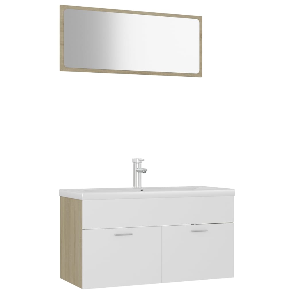 Set mobilier baie dulap, chiuveta si oglinda vidaXL, PAL, 90 x 38.5 x 46 cm, Alb/Maro Stejar Sonoma