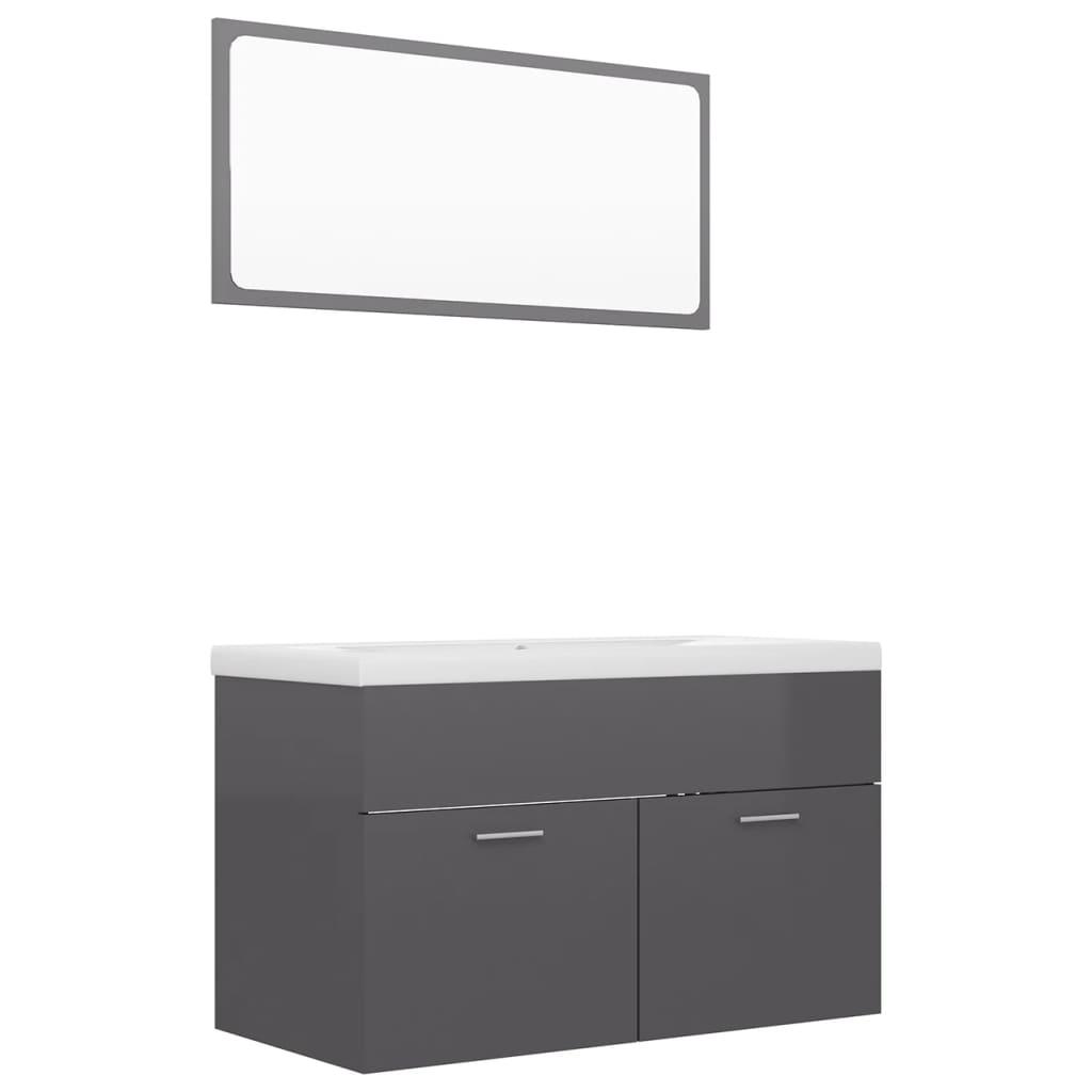 Set mobilier baie dulap, chiuveta si oglinda vidaXL, PAL extralucios, 80 x 38.5 x 46 cm, Gri